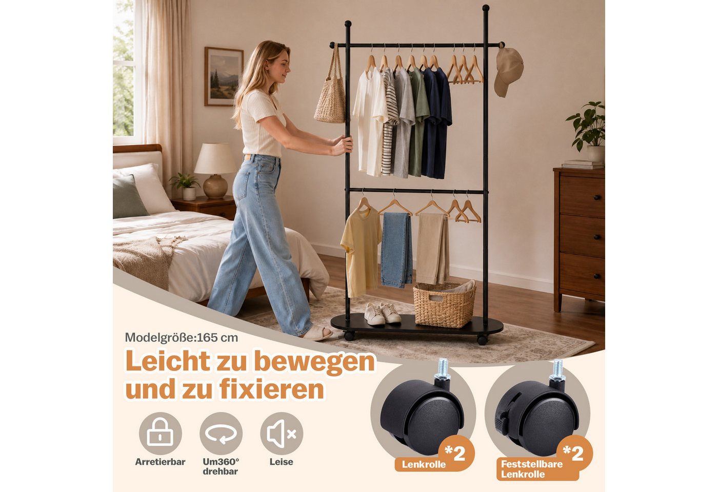 JOYOLEDER Garderobenständer Kleiderständer Doppelt, Metall Kleiderstange auf Rollen Stabil, (Mobile Garderobenständer für Mäntel, Hemden) – Bild 4 von 5