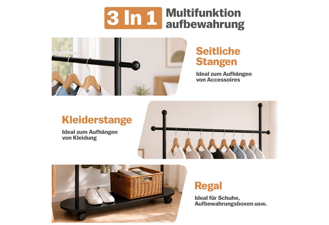 JOYOLEDER Garderobenständer Kleiderständer Doppelt, Metall Kleiderstange auf Rollen Stabil, (Mobile Garderobenständer für Mäntel, Hemden) – Bild 5 von 5