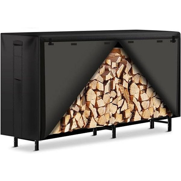 JOYOLEDER Kaminholzregal Groß Abdeckplane Brennholzregal Holzlager Unterstand, BxTxH:244x61x107 cm, schwarz 420D Oxford-Gewebe