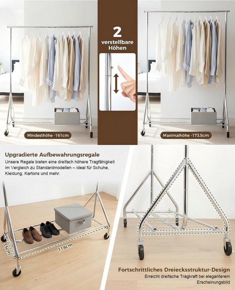 JOYOLEDER Kleiderständer mit Einlegeböden, Kapazität 210 kg, Kleiderstange auf Rollen, (Ausziehbare Garderobenständer zum Aufhängen) – Bild 3 von 5