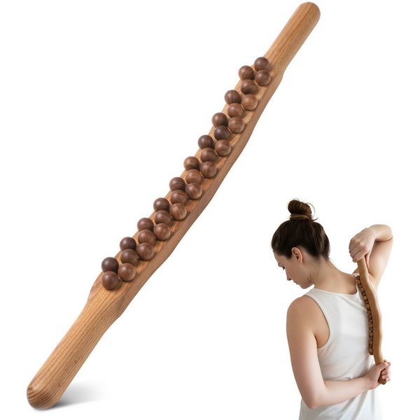 JOYOLEDER Nacken-Massagegerät Gua Sha Wooden Therapy Stab, Massagestab Holz mit 31 Holzmassageperlen, Faszienstab, Massagestab Holz, Ganzkörper Scraping Stick, 