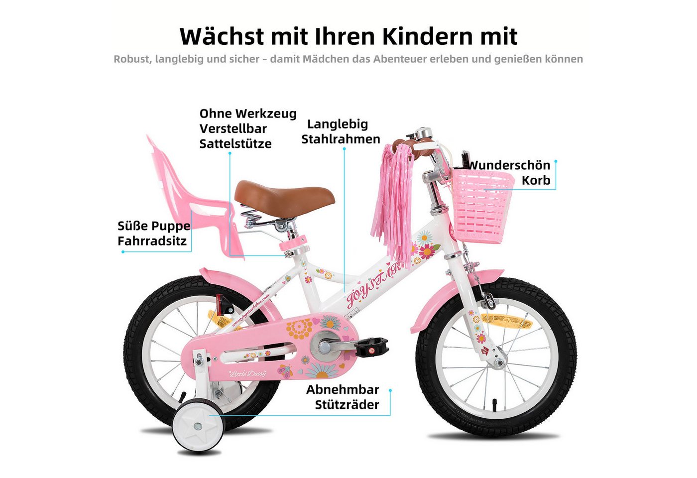 JOYSTAR Kinderfahrrad 12, 14, 16 Zoll Mädchenfahrrad, 3 - 8 Jahre,Geschenk für Prinzessin, 1 Gang, Mit Hilfsrädern, farbigen Bändern, Korb, Reflektor, Kettenabd – Bild 2 von 5