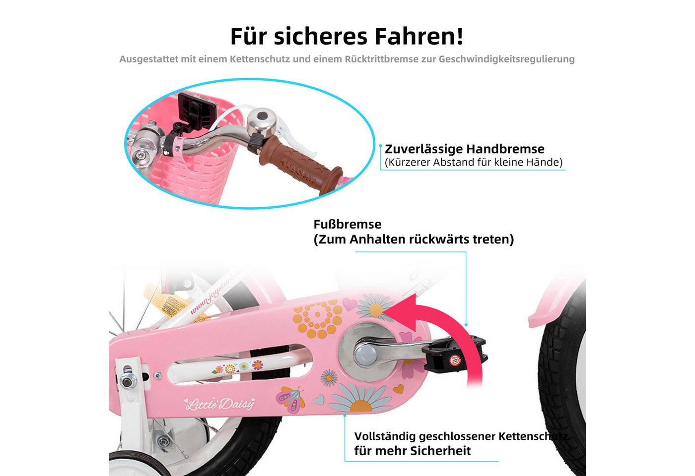 JOYSTAR Kinderfahrrad 12, 14, 16 Zoll Mädchenfahrrad, 3 - 8 Jahre,Geschenk für Prinzessin, 1 Gang, Mit Hilfsrädern, farbigen Bändern, Korb, Reflektor, Kettenabd – Bild 3 von 5