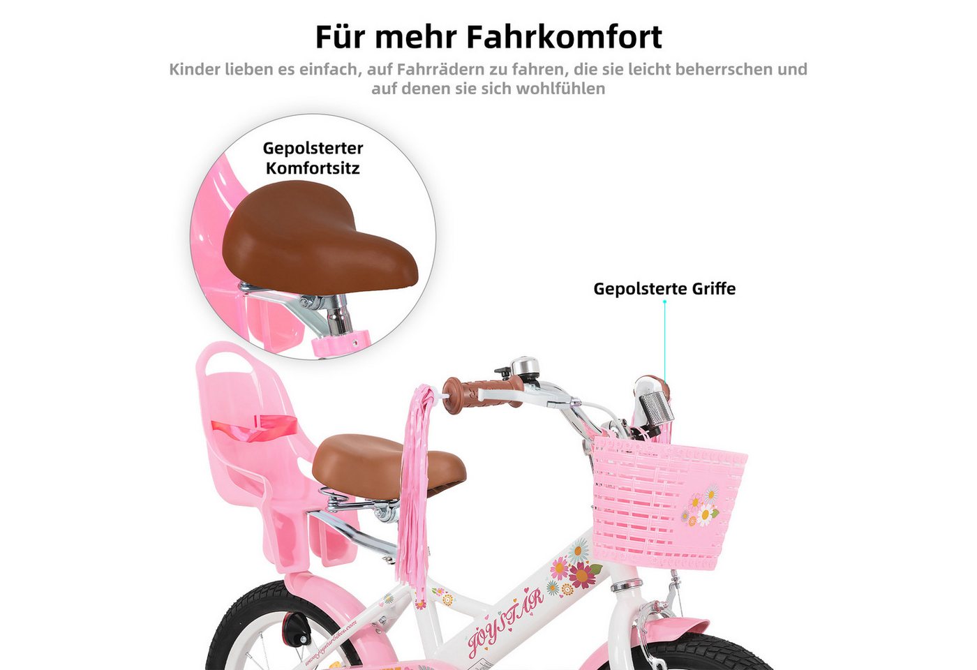 JOYSTAR Kinderfahrrad 12, 14, 16 Zoll Mädchenfahrrad, 3 - 8 Jahre,Geschenk für Prinzessin, 1 Gang, Mit Hilfsrädern, farbigen Bändern, Korb, Reflektor, Kettenabd – Bild 5 von 5