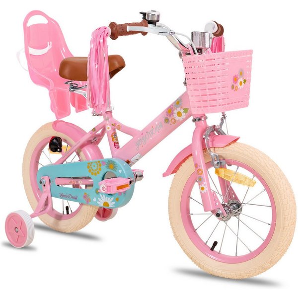 JOYSTAR Kinderfahrrad 12, 14, 16 Zoll Mädchenfahrrad, 3 - 8 Jahre,Geschenk für Prinzessin, 1 Gang, Mit Hilfsrädern, farbigen Bändern, Korb, Reflektor, Kettenabd
