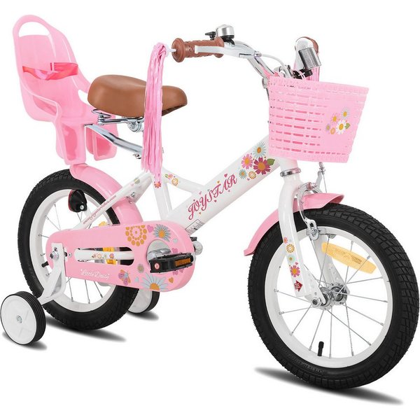 JOYSTAR Kinderfahrrad 12, 14, 16 Zoll Mädchenfahrrad, 3 - 8 Jahre,Geschenk für Prinzessin, 1 Gang, Mit Hilfsrädern, farbigen Bändern, Korb, Reflektor, Kettenabd