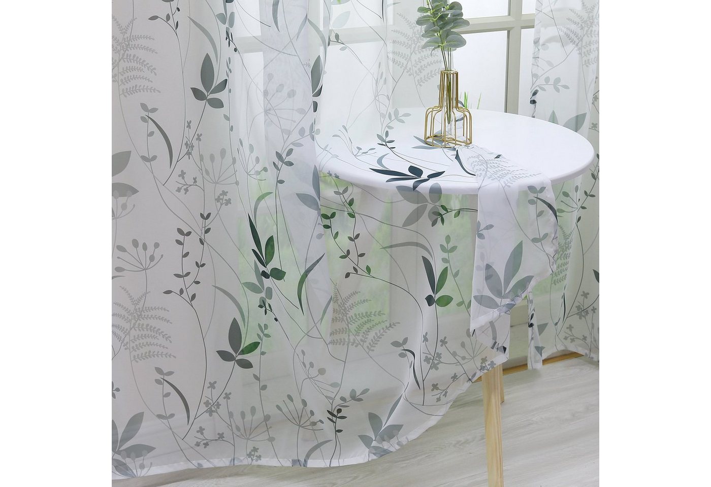 Joyswahl Gardine (1 St), Schlaufen, halbtransparent, Voile, wohnzimmer modern mit Idyllisches Blattmuster – Bild 4 von 5