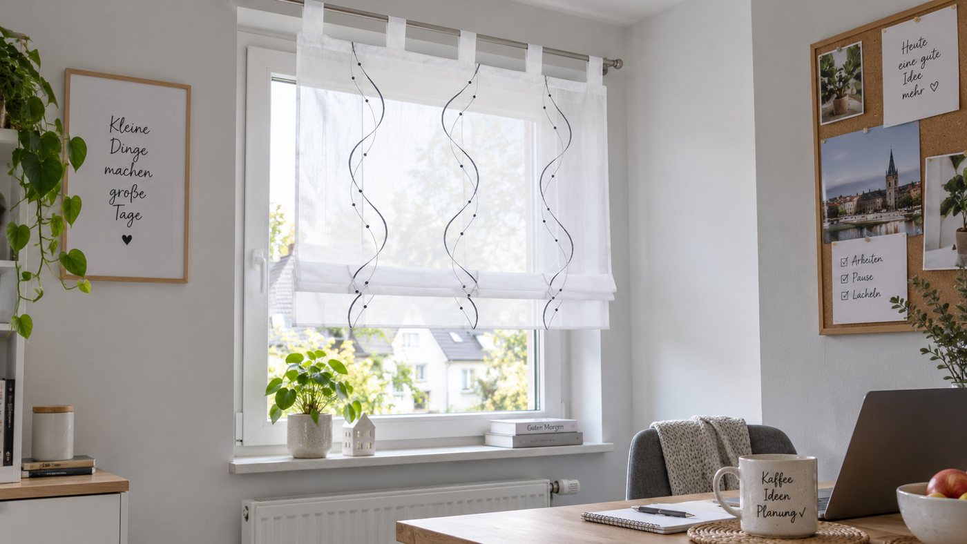 Joyswahl Raffrollo halbtransparent, Voile Raffgardine bestickt mit Wellenmuster, mit Schlaufen, Gardinenstange, modern elegant minimalistisch, modern elegant mi – Bild 2 von 5
