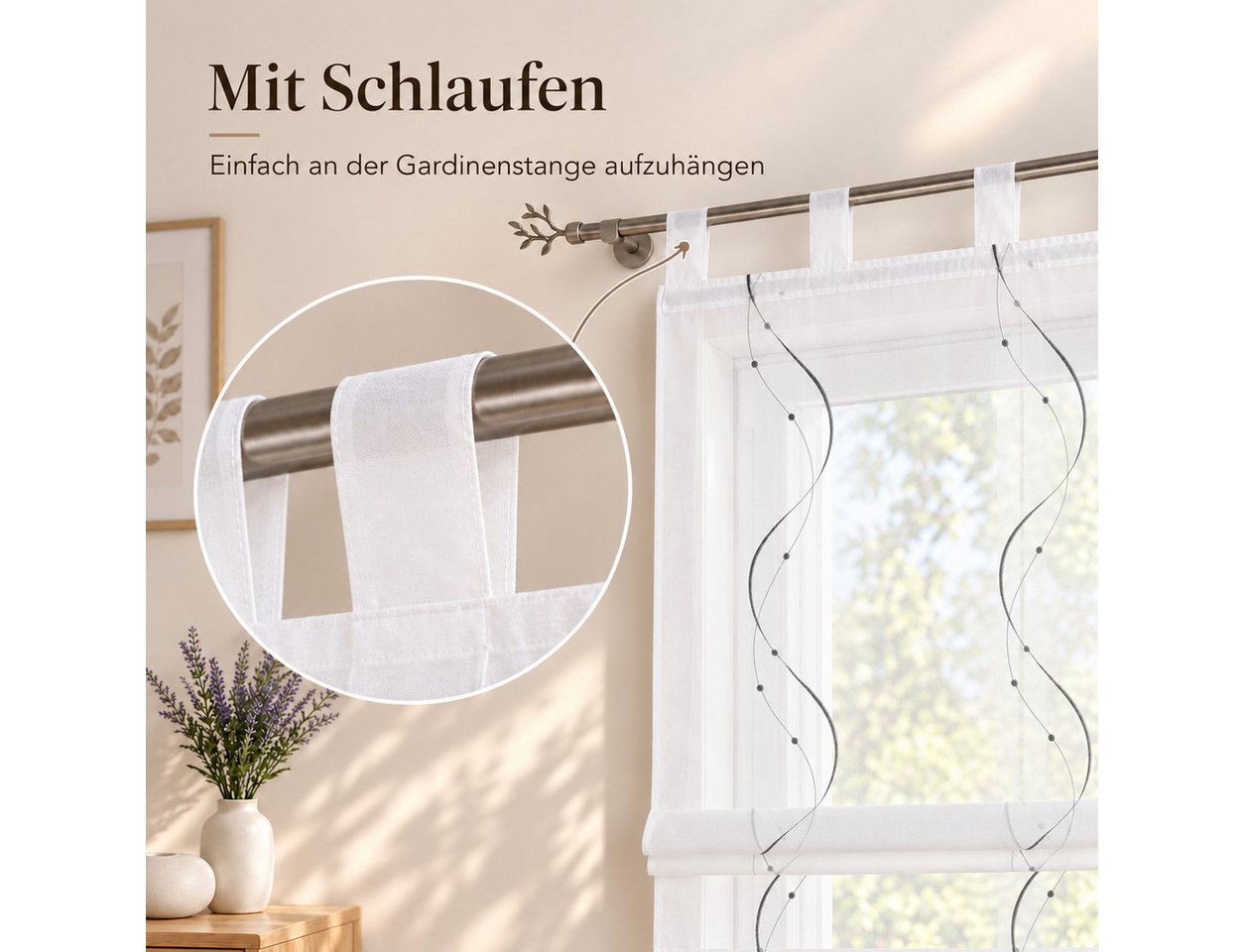 Joyswahl Raffrollo halbtransparent, Voile Raffgardine bestickt mit Wellenmuster, mit Schlaufen, Gardinenstange, modern elegant minimalistisch, modern elegant mi – Bild 3 von 5