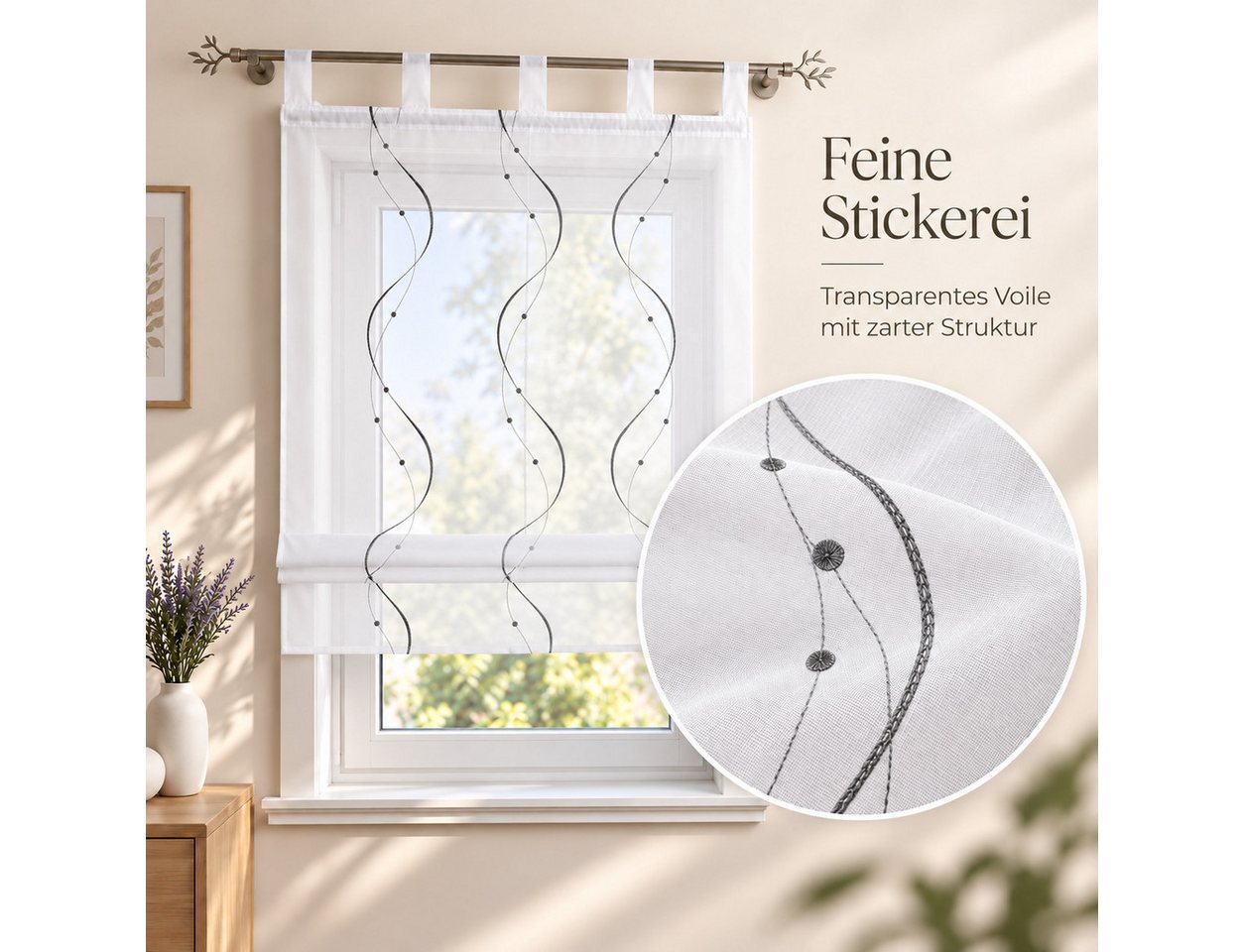 Joyswahl Raffrollo halbtransparent, Voile Raffgardine bestickt mit Wellenmuster, mit Schlaufen, Gardinenstange, modern elegant minimalistisch, modern elegant mi – Bild 4 von 5