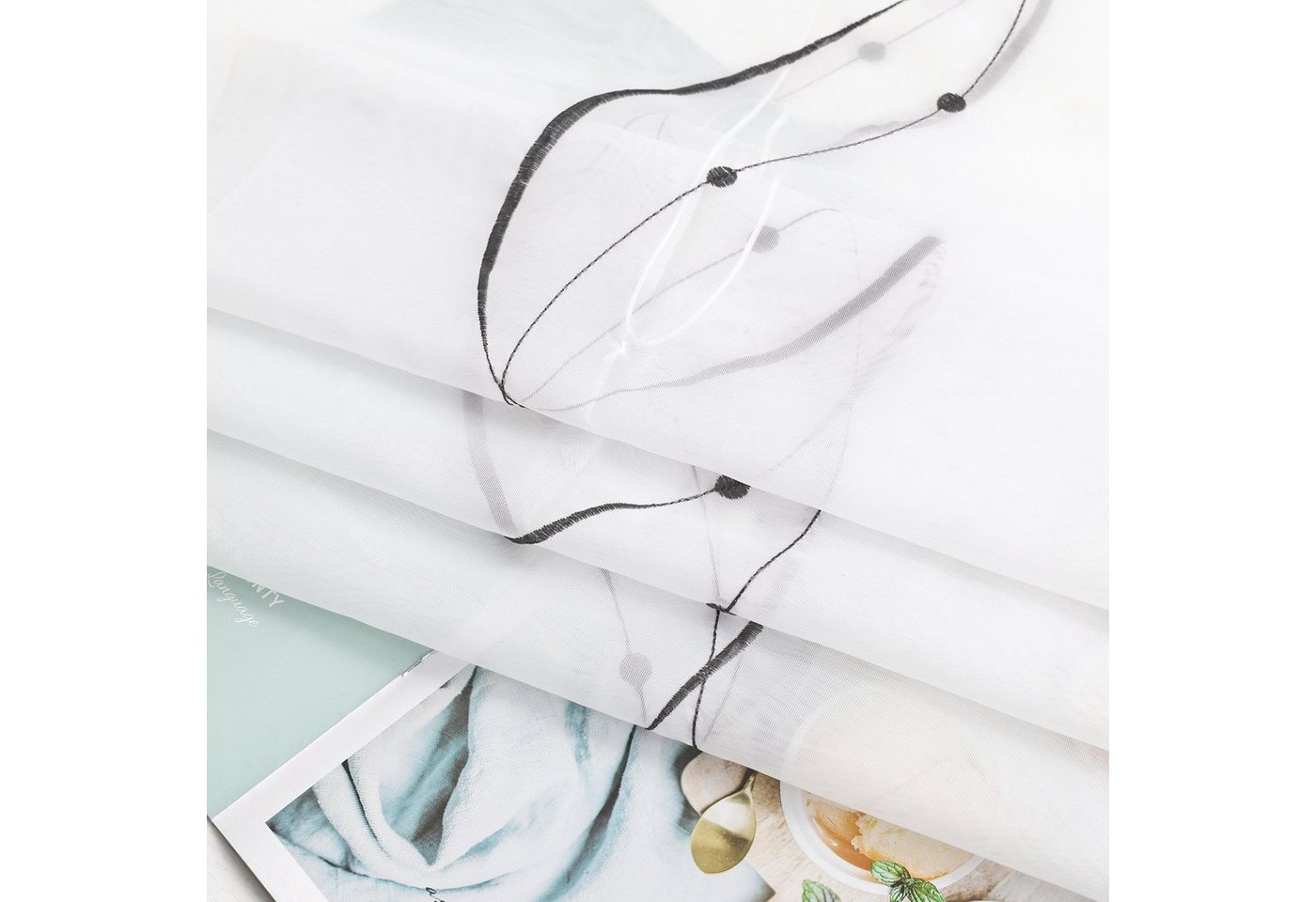Joyswahl Raffrollo halbtransparent, Voile Raffgardine bestickt mit Wellenmuster, mit Schlaufen, Gardinenstange, modern elegant minimalistisch, modern elegant mi – Bild 5 von 5