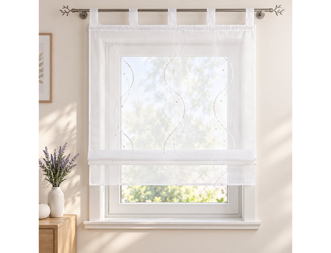 Joyswahl Raffrollo halbtransparent, Voile Raffgardine bestickt mit Wellenmuster, mit Schlaufen, Gardinenstange, modern elegant minimalistisch, modern elegant mi – Bild 2 von 5