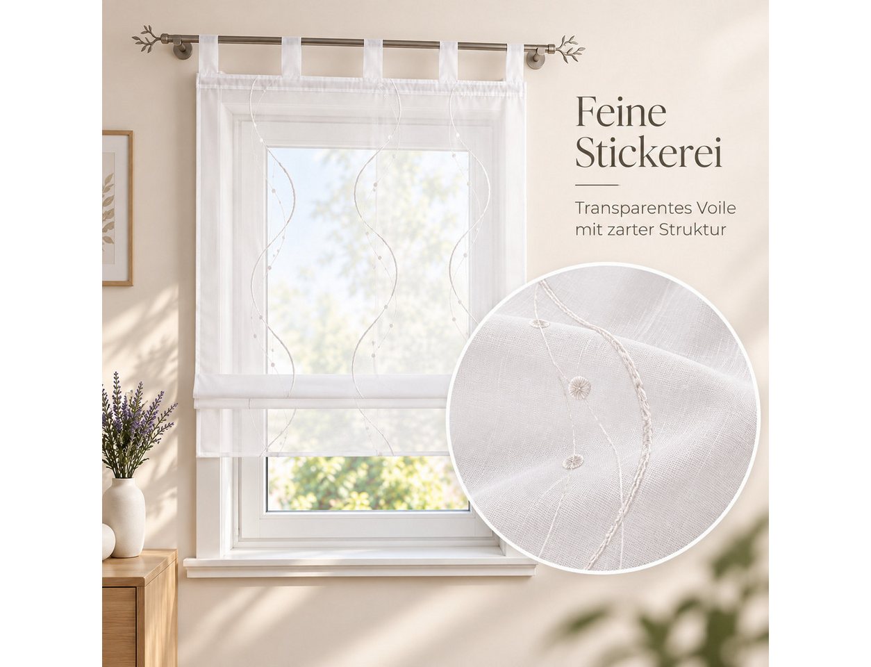 Joyswahl Raffrollo halbtransparent, Voile Raffgardine bestickt mit Wellenmuster, mit Schlaufen, Gardinenstange, modern elegant minimalistisch, modern elegant mi – Bild 3 von 5