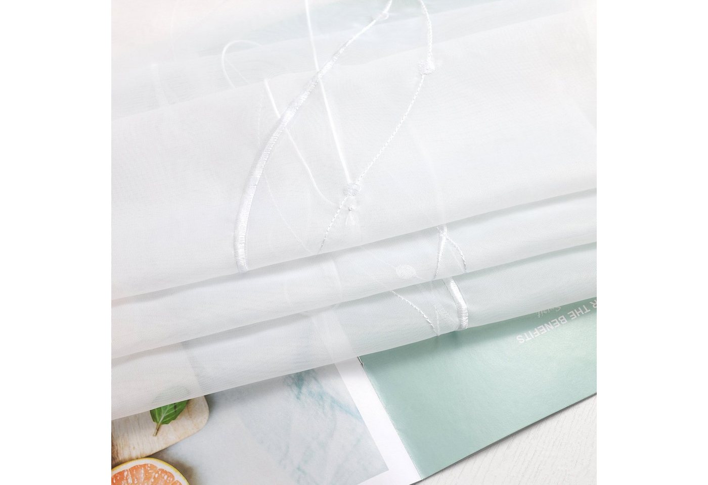 Joyswahl Raffrollo halbtransparent, Voile Raffgardine bestickt mit Wellenmuster, mit Schlaufen, Gardinenstange, modern elegant minimalistisch, modern elegant mi – Bild 4 von 5