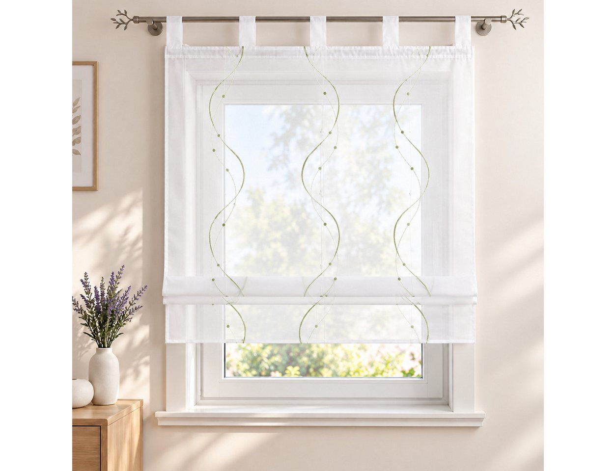 Joyswahl Raffrollo halbtransparent, Voile Raffgardine bestickt mit Wellenmuster, mit Schlaufen, Gardinenstange, modern elegant minimalistisch, modern elegant mi – Bild 2 von 5