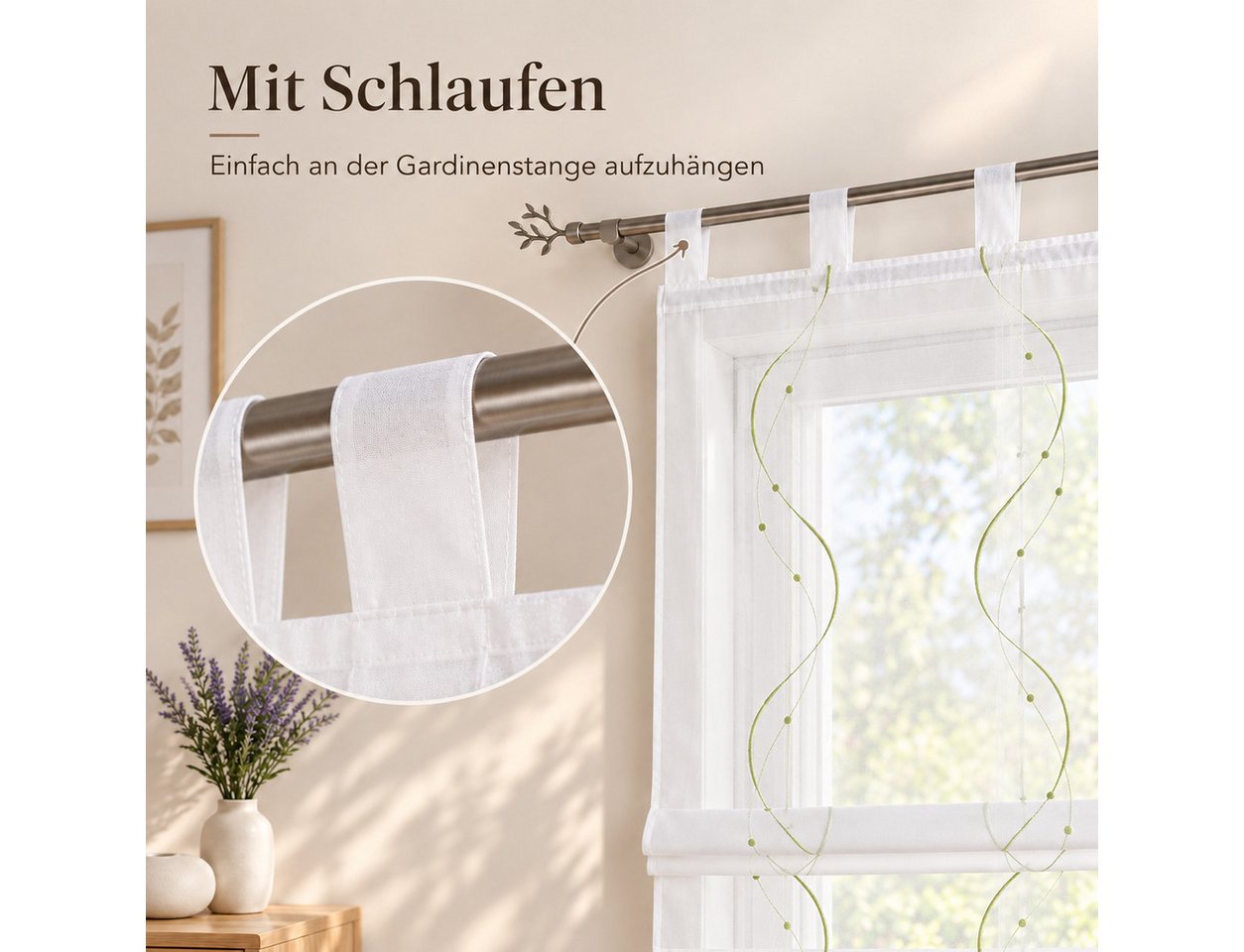 Joyswahl Raffrollo halbtransparent, Voile Raffgardine bestickt mit Wellenmuster, mit Schlaufen, Gardinenstange, modern elegant minimalistisch, modern elegant mi – Bild 3 von 5