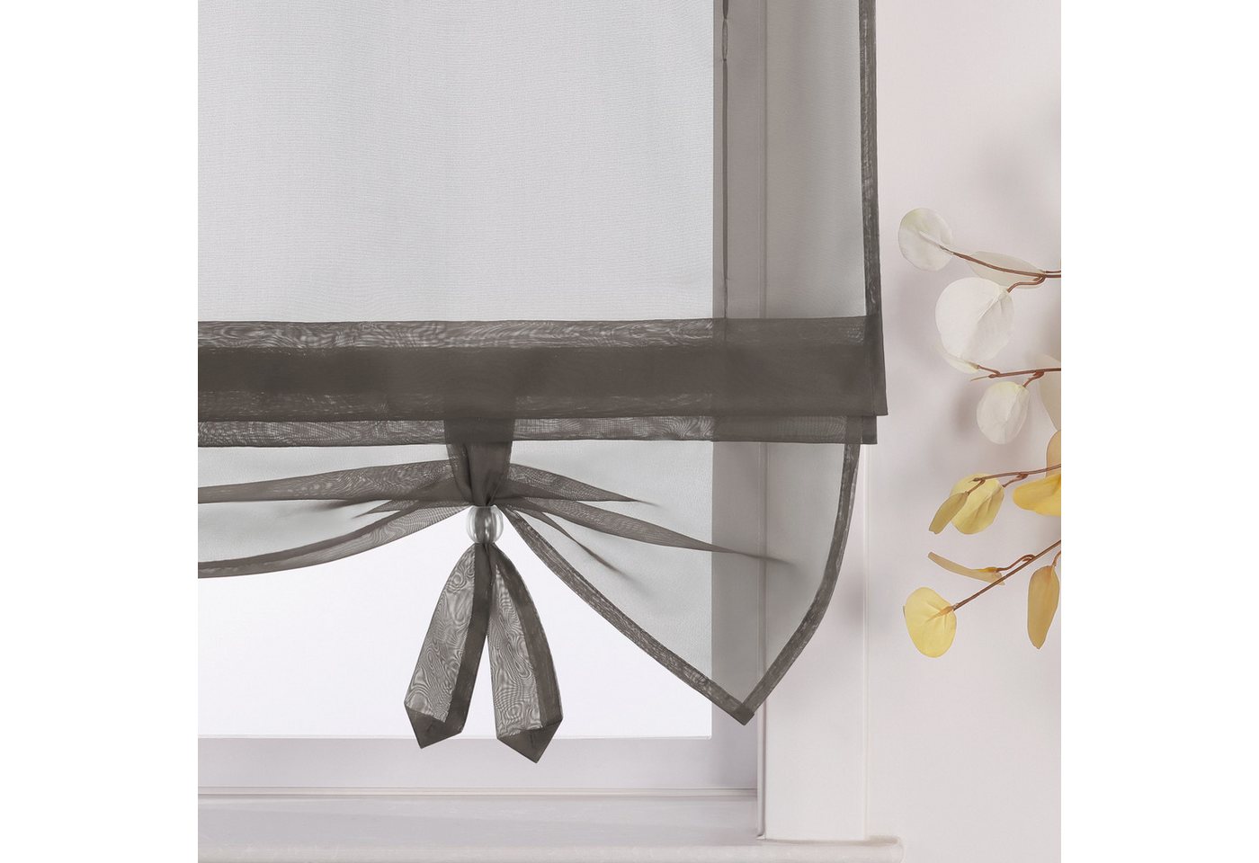 Joyswahl Raffrollo mit Bändern, luftiges Fensterrollo, in vielen Farben zur Auswahl, mit Schlaufen, Bändchen am Saum, Uni Vorhänge Modern Voile, Küche – Bild 3 von 5