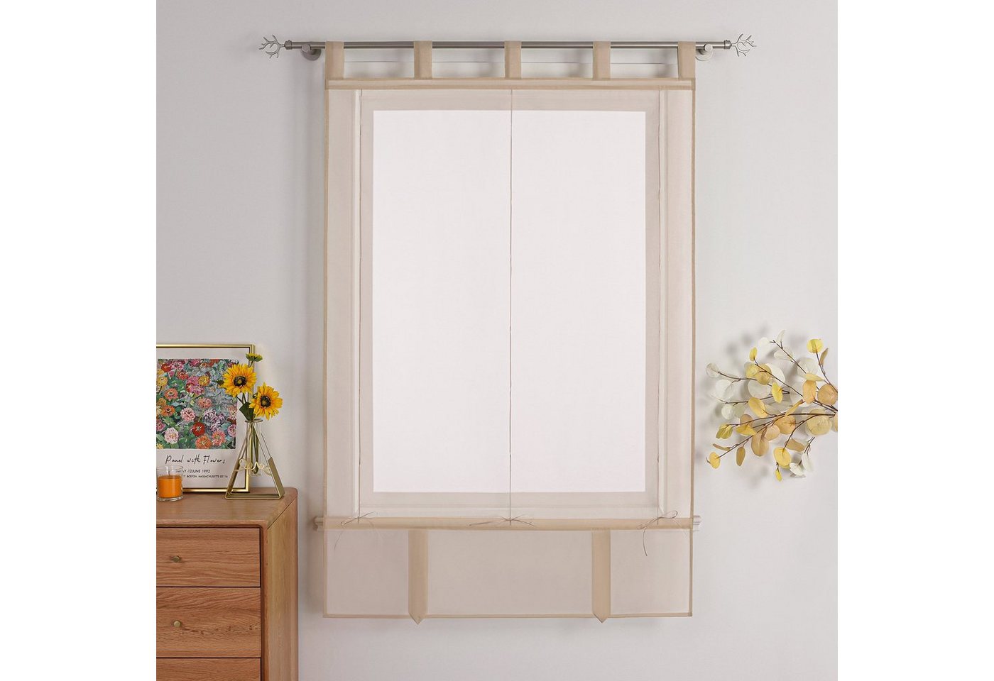 Joyswahl Raffrollo mit Bändern, luftiges Fensterrollo, in vielen Farben zur Auswahl, mit Schlaufen, Bändchen am Saum, Uni Vorhänge Modern Voile, Küche – Bild 4 von 5