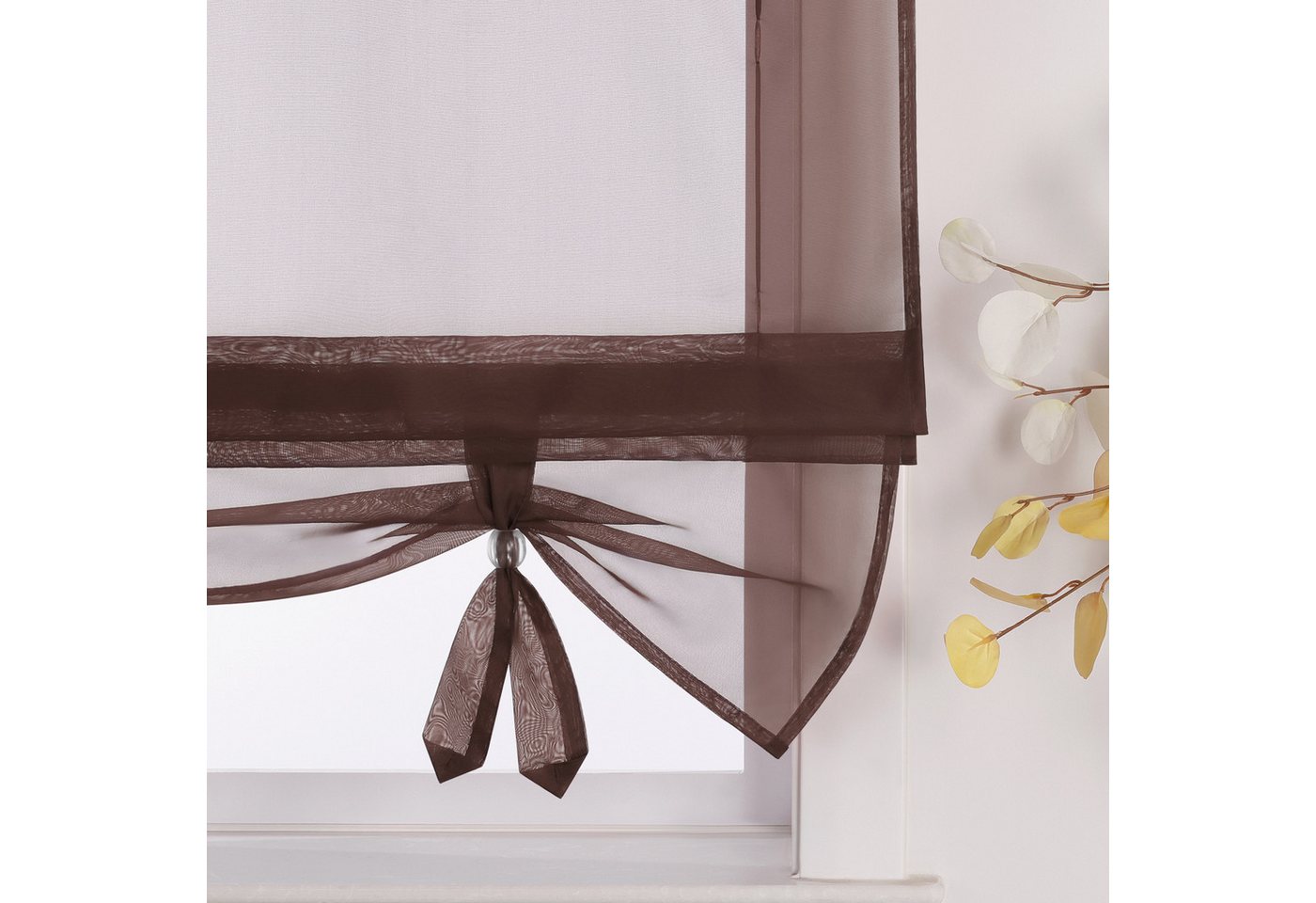 Joyswahl Raffrollo mit Bändern, luftiges Fensterrollo, in vielen Farben zur Auswahl, mit Schlaufen, Bändchen am Saum, Uni Vorhänge Modern Voile, Küche – Bild 2 von 5