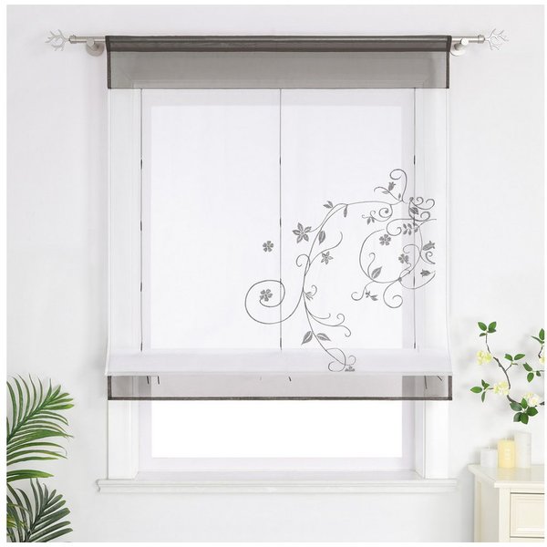 Joyswahl Raffrollo mit Blumenmotiv, Fensterrollo wählbar in Rot & Grau, mit Stangendurchzug, Voile Raffgardinen mit Blumen-Stickerei Tunnelzug, Küche
