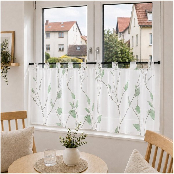 Joyswahl Scheibengardine Dekorative Bistrogardine mit Zweigmuster für Fensterdekoration (1 St), Schlaufen, transparent, Voile Landhausstil Weiß Kurzstores mit B
