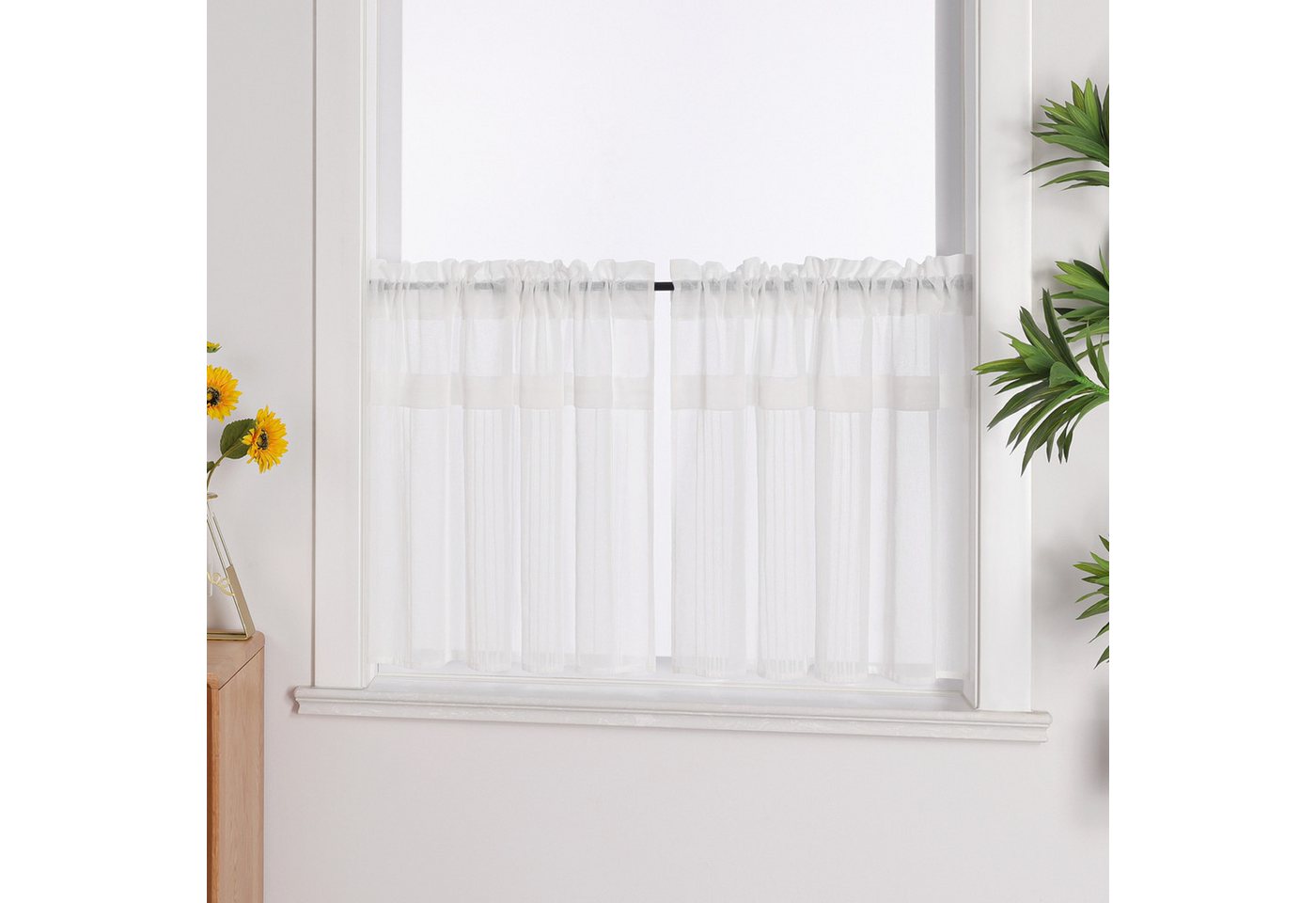 Joyswahl Scheibengardine mit Stangendurchzug, Leichter Uni Stoff, Halbtransparent Kurzgardine (2 St), Stangendurchzug, halbtransparent, Leinenoptik, Landhaus Cá – Bild 2 von 5