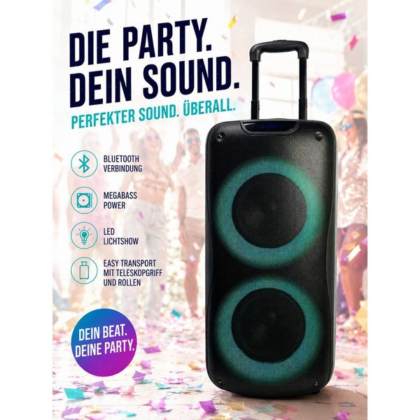 JTC24 Mobiler Party Lautsprecher PB-829C mit LED, 600W, Trolleyfunktion Party-Lautsprecher (Bluetooth, 40 W, 600 Watt, Bluetooth, USB, AUX, microSD, Mega Bass, 