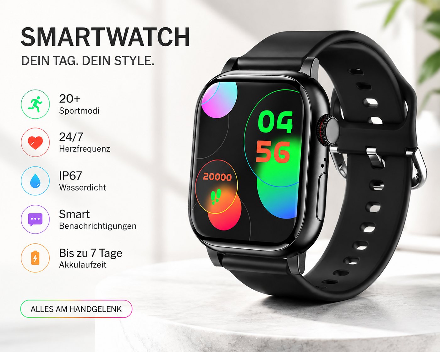 JTC24 Smartwatch SWS14 Smartwatch, 5,1 cm Display, Schrittzähler, Gesundheitsfunktionen, wasserfest – Bild 5 von 5