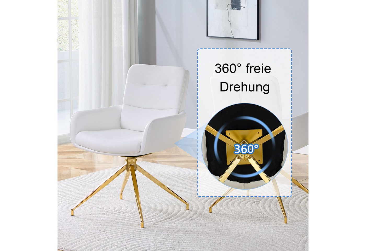 JUFU Drehstuhl 2er Set, Küchenstuhl mit 360° Schwenkfunktion, Polsterstuhl (2 St), Esszimmerstuhl & Schreibtischstuhl, Stabile Metallbeine – Bild 4 von 5
