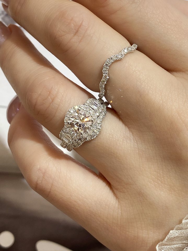 Jumpeak Diamantring Verlobungsringe,Luxuriöser Klassiker,3-teiliges Set,Brautset,Weißgold, 1,2ct stapelbarer Runder Diamantring,E,VS2,3EX,14K Gold,Ring mit Stei – Bild 4 von 5
