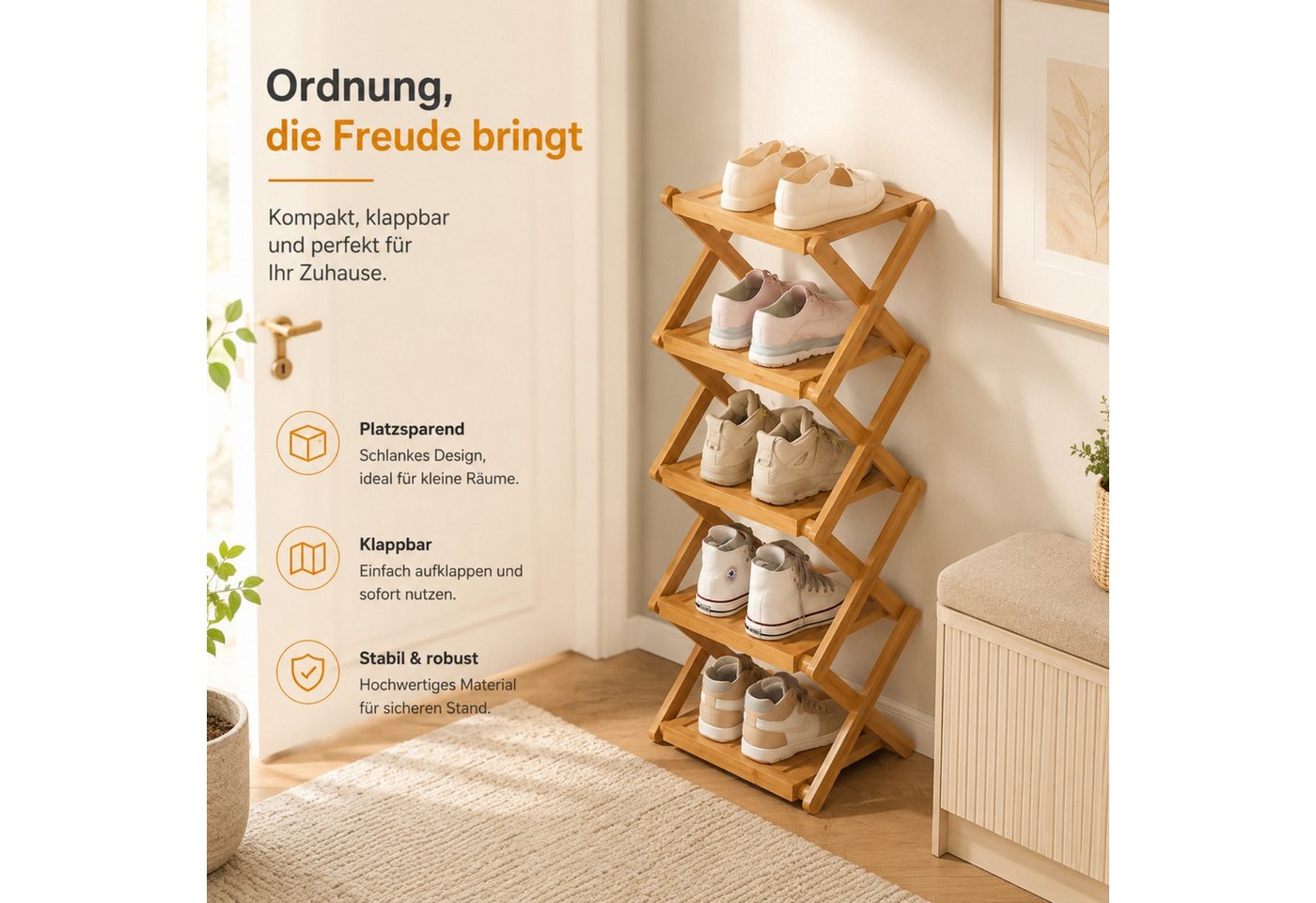 Jumpeak Schuhregal Schuhregal,Schuhablage,Faltregal,Organizer,Aufbewahrung, Schuhregal klein,Schuhregal 2 ebenen,Mini schuhregal,Bambus,Dreifarbig – Bild 3 von 5