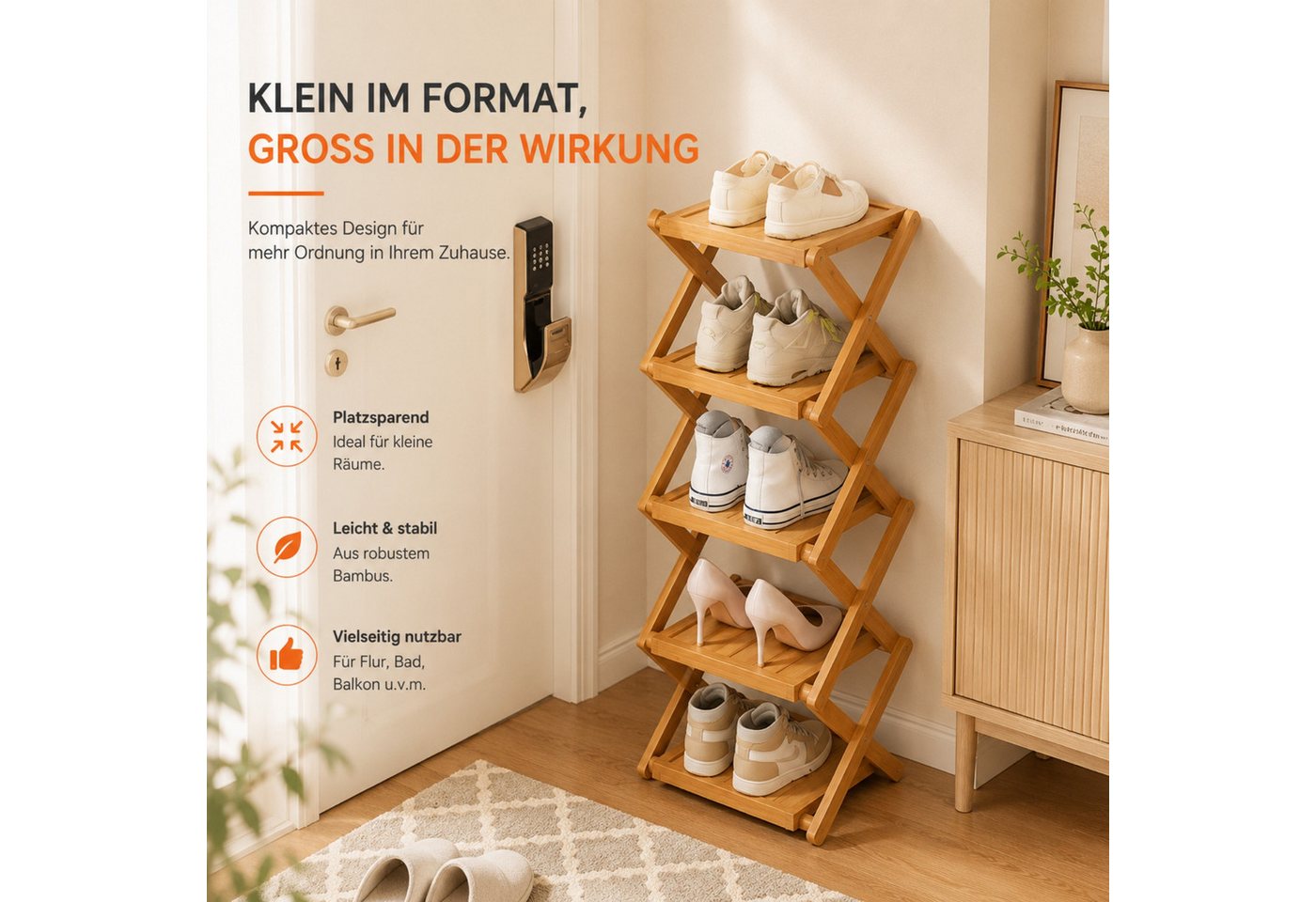 Jumpeak Schuhregal Schuhregal,Schuhablage,Faltregal,Organizer,Aufbewahrung, Schuhregal klein,Schuhregal 2 ebenen,Mini schuhregal,Bambus,Dreifarbig – Bild 5 von 5