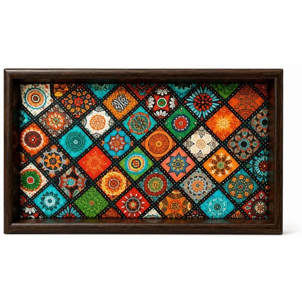 Jumpeak Tablett Serviertablett,Holz,Boho,handgefertigt,Mosaik-Muster,Farbdruck, Holz, (Kein Set, Einzelartikel), Ablage für Schlüssel,Schmuck & Snacks,im Wohnzi