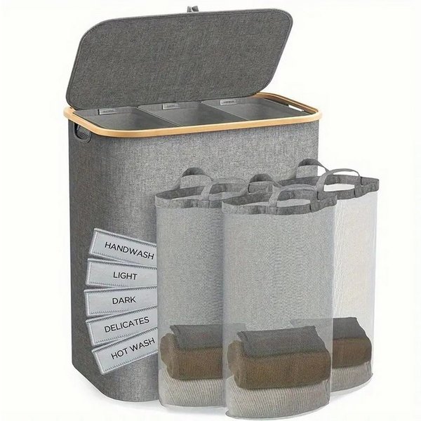 Jumpeak Wäschebox wäschekorb 3 fächer,wäschekorb mit deckel, Mit Deckel,Griffdesign,Faltbar,Sortieretiketten