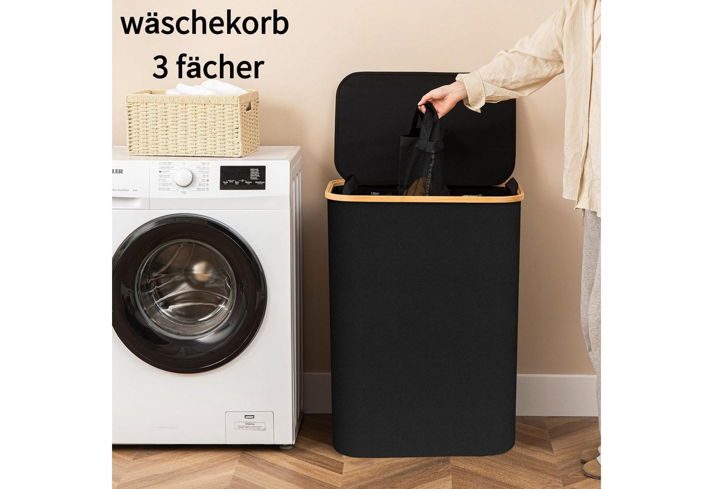 Jumpeak Wäschebox wäschekorb 3 fächer,wäschekorb mit deckel, Mit Deckel,Griffdesign,Faltbar,Sortieretiketten – Bild 2 von 5
