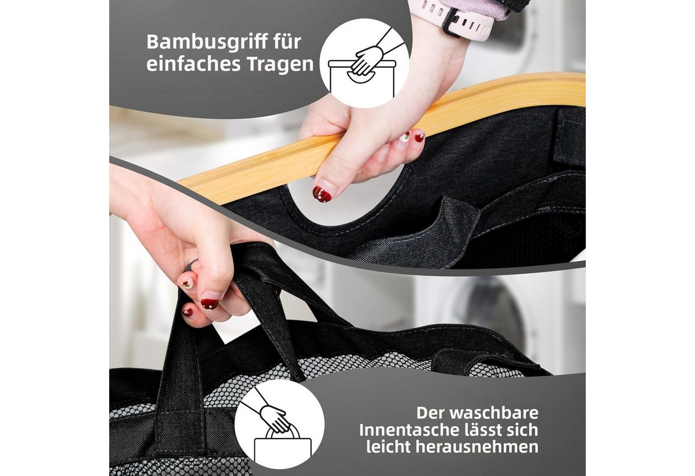 Jumpeak Wäschebox wäschekorb 3 fächer,wäschekorb mit deckel, Mit Deckel,Griffdesign,Faltbar,Sortieretiketten – Bild 3 von 5