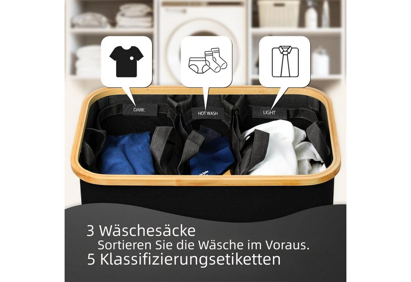 Jumpeak Wäschebox wäschekorb 3 fächer,wäschekorb mit deckel, Mit Deckel,Griffdesign,Faltbar,Sortieretiketten – Bild 5 von 5