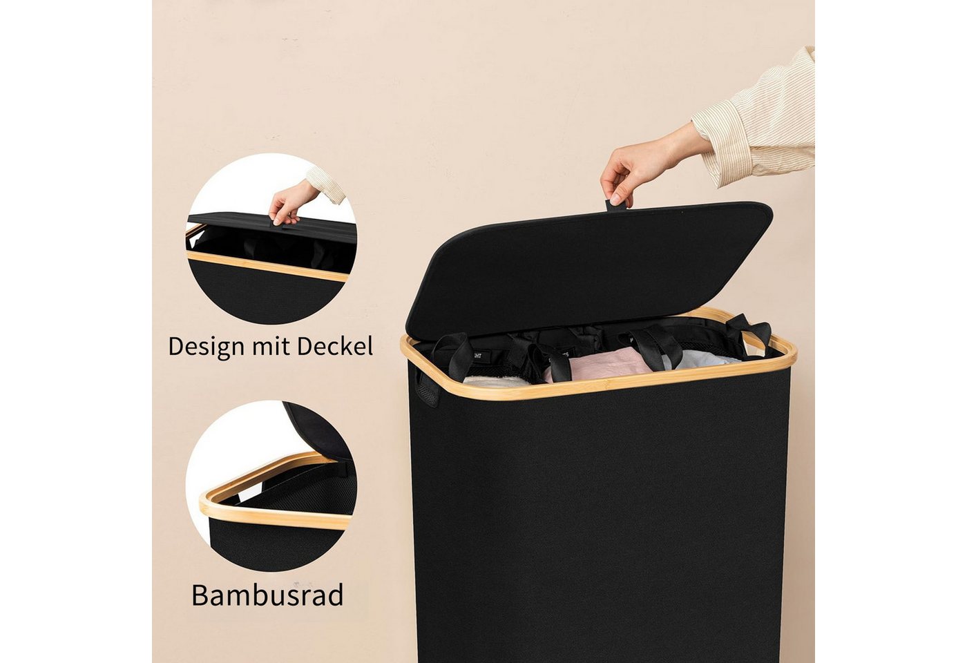 Jumpeak Wäschebox wäschekorb 3 fächer,wäschekorb mit deckel, Mit Deckel,Griffdesign,Faltbar,Sortieretiketten – Bild 4 von 5