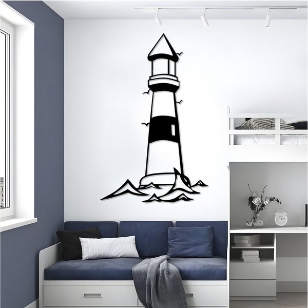 Jumpeak Wanddekoobjekt Leuchtturm-Wanddeko,Umgeben Möwen,Fliegen,Kunstvolle Linienführung, Metall,4 Farben,4 Maße,Maritimen Geschenke,Küstenflair,Für Wohnzimmer