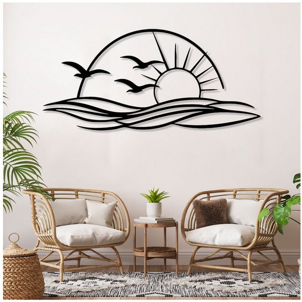 Jumpeak Wanddekoobjekt Wanddeko mit Sonnen und Möwen,Sonnenuntergang,Meereswellen,Strichkunst, Metall,4 Farbe,5 Maße,Strandhorizont,Tropischer,Minimalistischer