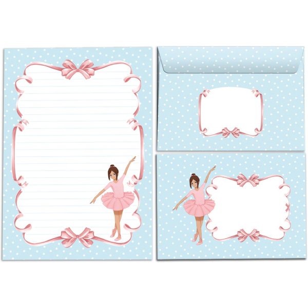 JUNAPACK Briefpapier Set Kinder Briefblock A5 mit Umschlägen Notizblock Papier Ballerina, Kinder-Briefpapier A5 mit 15 Umschlägen, liniert & leicht beschreibbar