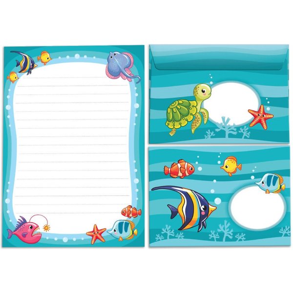 JUNAPACK Briefpapier Set Kinder Briefblock A5 mit Umschlägen Notizblock Papier Fische, Kinder-Briefpapier A5 mit 15 Umschlägen, liniert & leicht beschreibbar