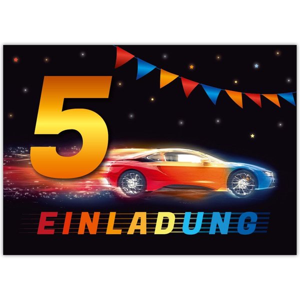 JUNAPACK Einladungskarten Auto zum 5. Kindergeburtstag Jungen Einladungen Rennauto Karte, Einladungskarten mit einem Auto Motiv zum 5. Geburtstag