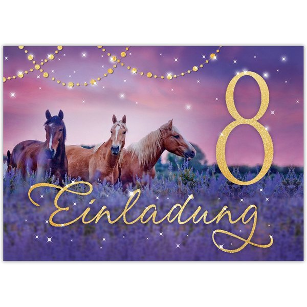 JUNAPACK Einladungskarten Pferd Einladungen zum Kindergeburtstag Fohlen lila Mädchen, Einladungskarten zum 8. Geburtstag mit Pferd Motiv