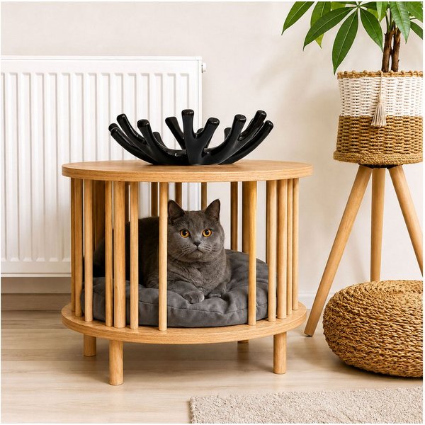 Jungengel Couchtisch Modern mit Katzenhöhle Katzenhaus Beistelltisch Rund Holz Sofatisch (Einzelartikel, 1 Katzenhöhlen-Beistelltisch & 1 Katzenkissen), 2-in-1 