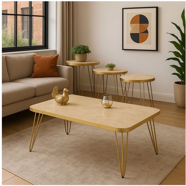 Jungengel Couchtisch Set 4-teilig Travertin Creme Gold Wohnzimmer Beistelltisch Naturstein (4-St., 4-teiliges Tisch-Set), Luxus Couchtisch-Set Travertin Creme m