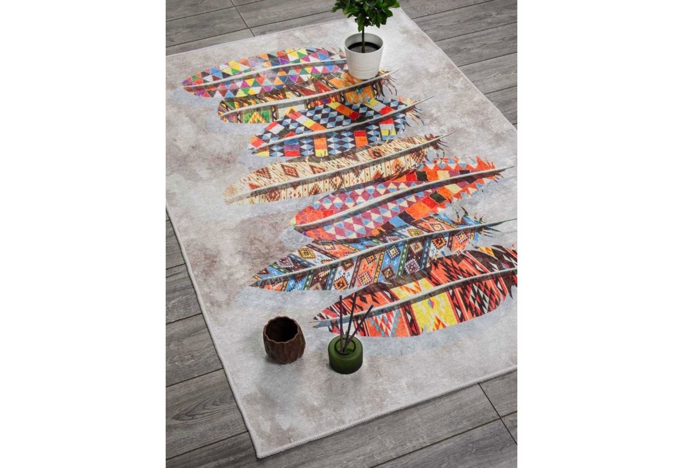 Jungengel Designteppich Modern Multi Feder Wohnzimmer Teppich Läufer Flach Teppichläufer, Rechteckig, Höhe: 8 mm, Waschbar 30°C, 8x Größen, Flache Oberfläche, S – Bild 2 von 5
