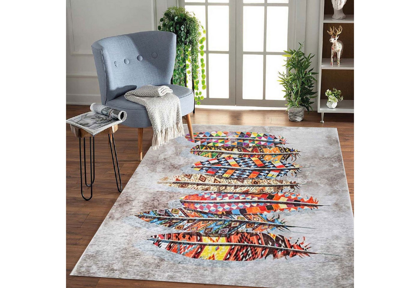 Jungengel Designteppich Modern Multi Feder Wohnzimmer Teppich Läufer Flach Teppichläufer, Rechteckig, Höhe: 8 mm, Waschbar 30°C, 8x Größen, Flache Oberfläche, S – Bild 3 von 5