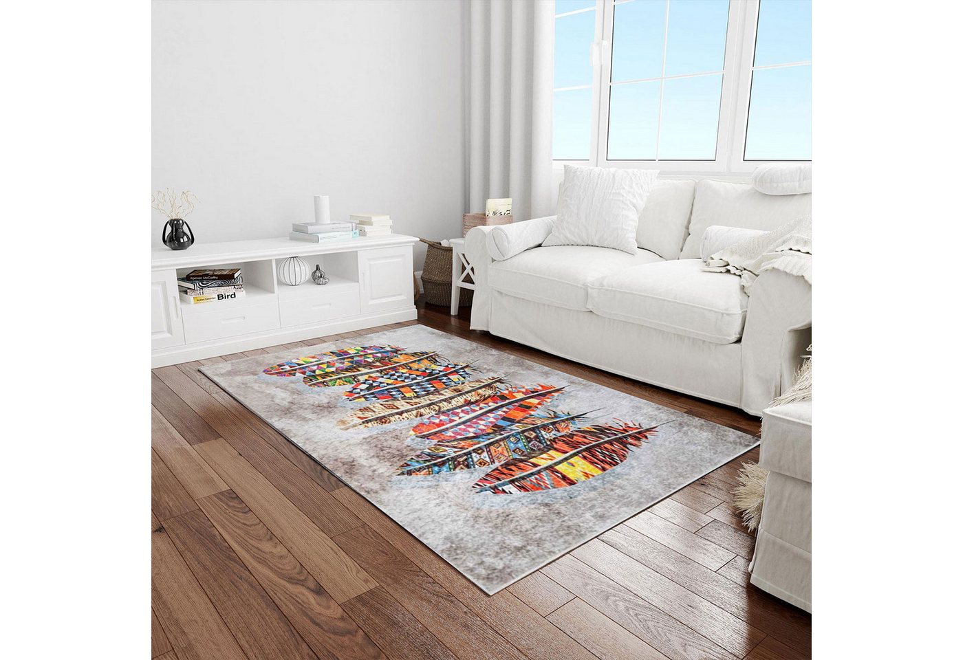 Jungengel Designteppich Modern Multi Feder Wohnzimmer Teppich Läufer Flach Teppichläufer, Rechteckig, Höhe: 8 mm, Waschbar 30°C, 8x Größen, Flache Oberfläche, S – Bild 4 von 5
