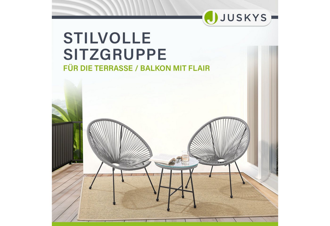 Juskys Balkonset Ostana, (3-tlg), 2 Sessel plus Tisch, witterungsbeständig, stabil – Bild 4 von 5